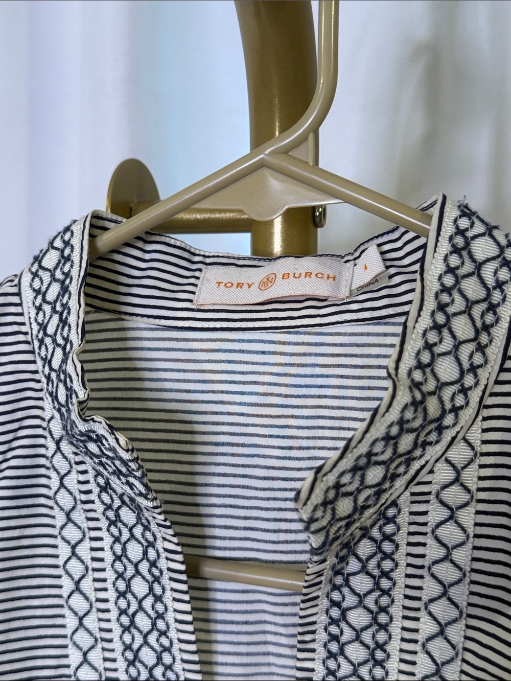 Tory Burch Striped Embroidered Long Sleeve Tunic Top Navy White Size 4 - Picture 3 of 7